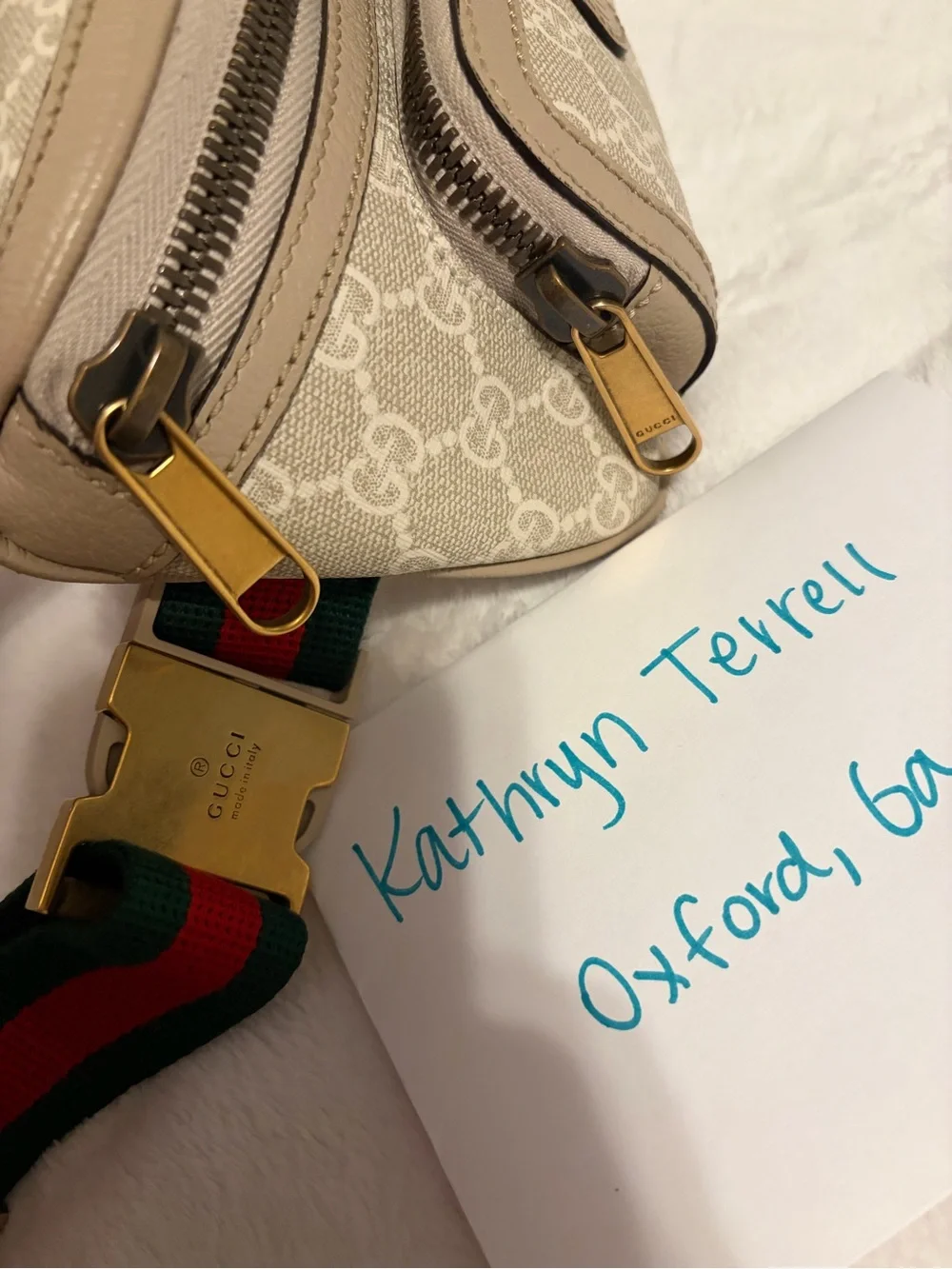 Gucci Tan GG Supreme Canvas Belt Bag with Red and Green Web Strap